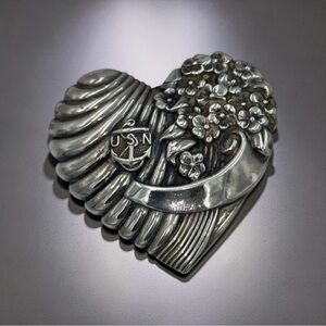 Truart Sterling Silver Heart Brooch Pin with USN Anchor Emblem 2”x2”